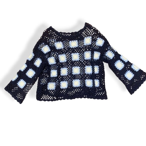 Women’s Sweater Crochet Open Navy Floral Granny Square Long Sleeve Boho Cottage - Picture 7 of 12